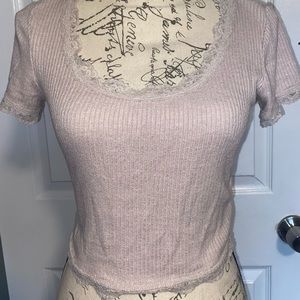 Pink crop top with beautiful lace seams from garage!
